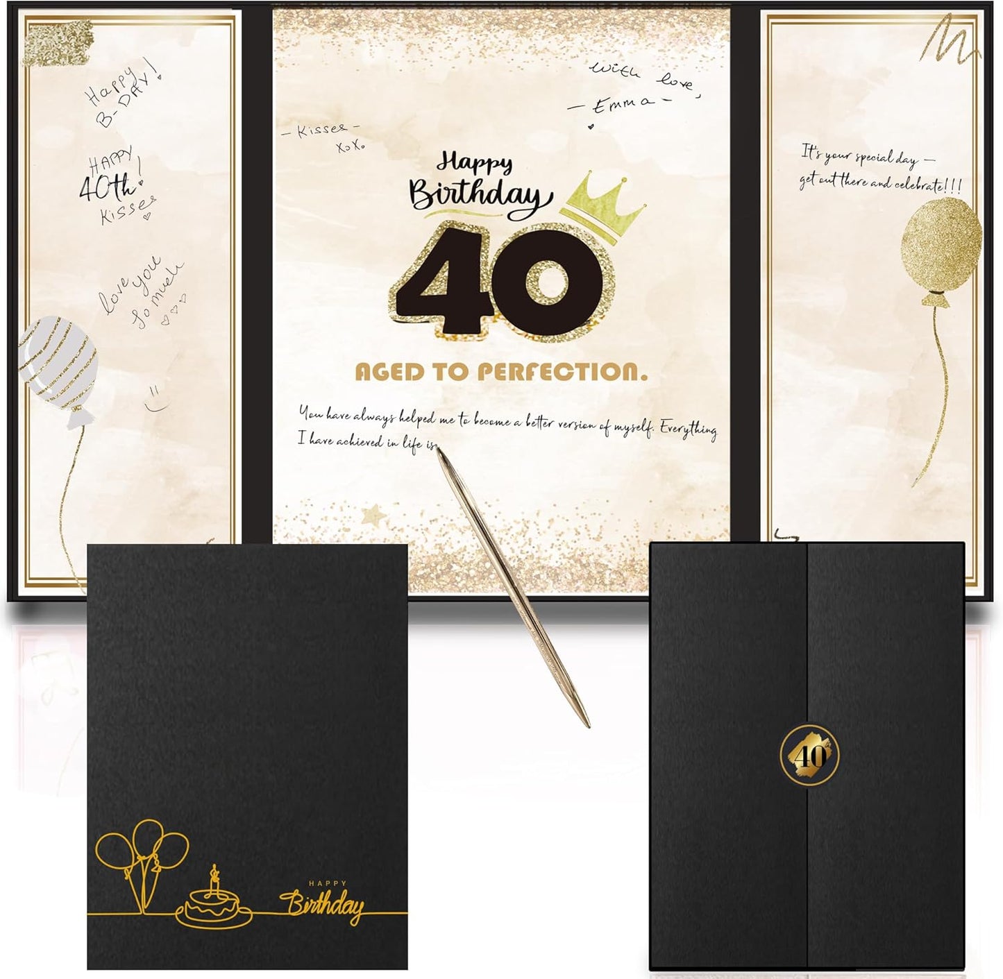 40th Birthday Guest Book – Foldable Black and Gold Sign-in Poster Board Keepsake for Men or Women – Spark Foil Printed Gift – 12x18 Inch Display – Aged to Perfection – Pen Not Included