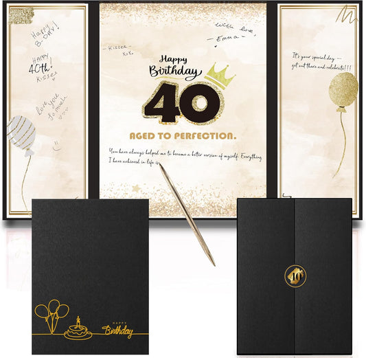 40th Birthday Guest Book – Foldable Black and Gold Sign-in Poster Board Keepsake for Men or Women – Spark Foil Printed Gift – 12x18 Inch Display – Aged to Perfection – Pen Not Included