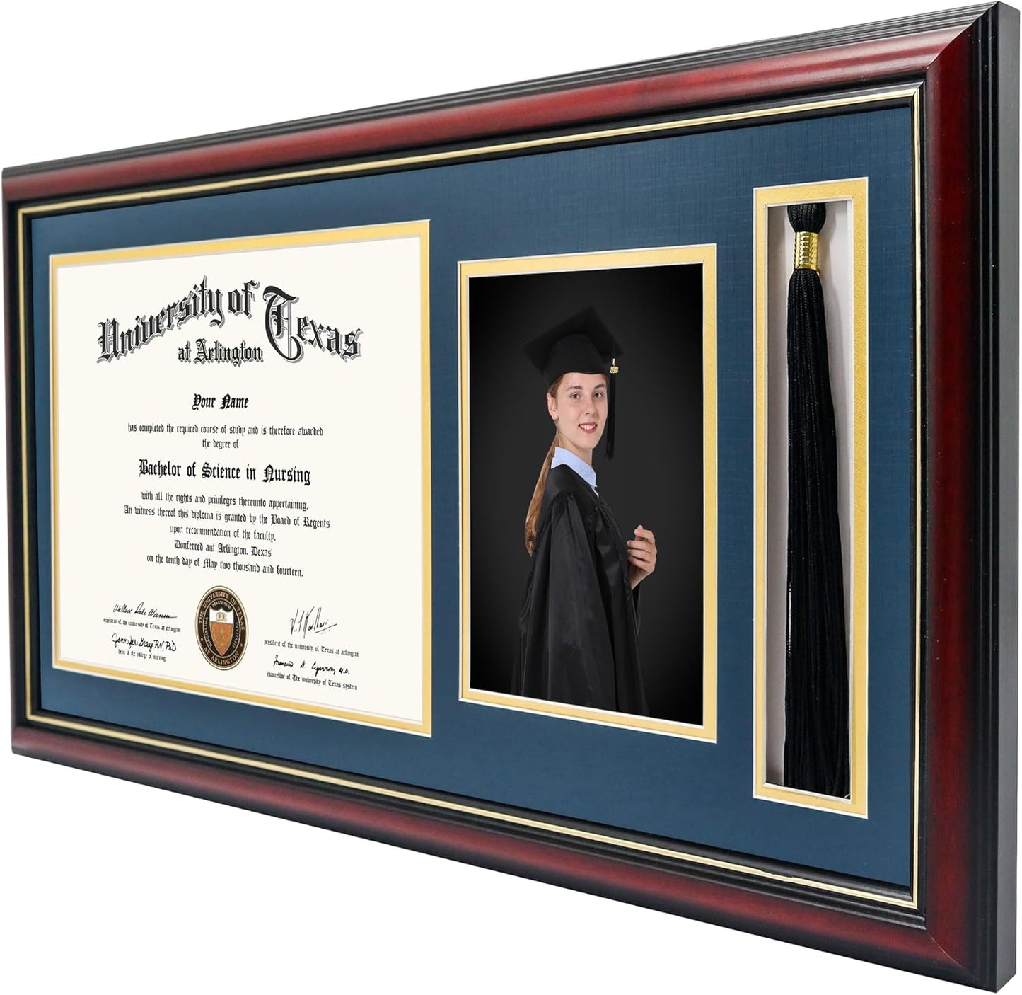 GraduationMall 11x22 Cherry Diploma Frame with Tassel Holder and Picture for 8.5x11 Certificate 5x7 Photo,Tempered Glass,Navy Blue over Gold Mat