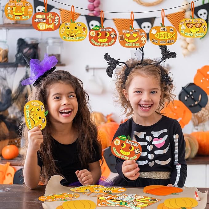 Frienda 48pcs Thanksgiving Pumpkin Craft Kit Christian Fall Jesus Pumpkin Cross Hanging Ornaments with Ribbons Halloween DIY Religious Faith Crafts for Sunday School Party Home Activities