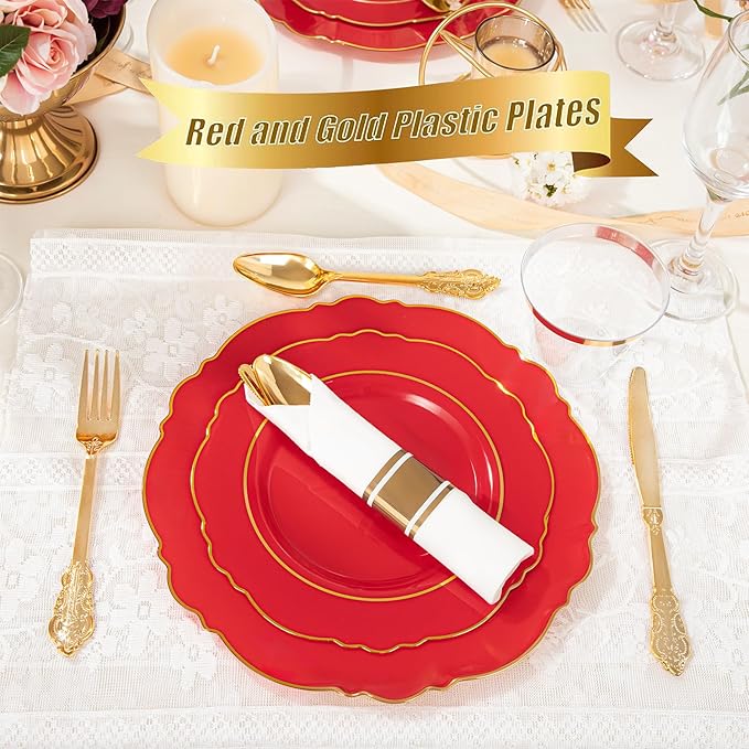 Liacere 175PCS Red Plastic Plates - Red Disposable Plates With Gold Rim -25Guest Baroque Plastic Dinnerware include 50Plates-25Pack Pre Rolled Napkins with Silverware 25Cups for Wedding&Party