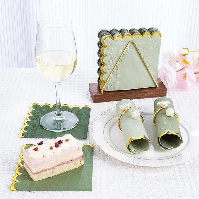 100 Pcs Green Cocktail Napkins with Gold Foil Scalloped Edges 5 x 5 Inch Dessert Napkins Disposable Thick Paper for Wedding Dinner Birthday Party