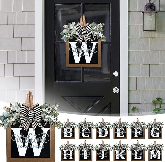 Last Name Year Round Front Door Wreath Front Porch Decoration 26 Letter Welcome Sign with Eucalyptus Garland and Bow Spring Wreaths for Front Door Outside Hanger Garland（W）