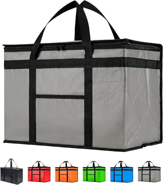 Durable XXL PRO Insulated Cooler Bag and Food Warmer for Delivery & Grocery Shopping with Zippered Top, Gray Commercial Grade (1 Pack)