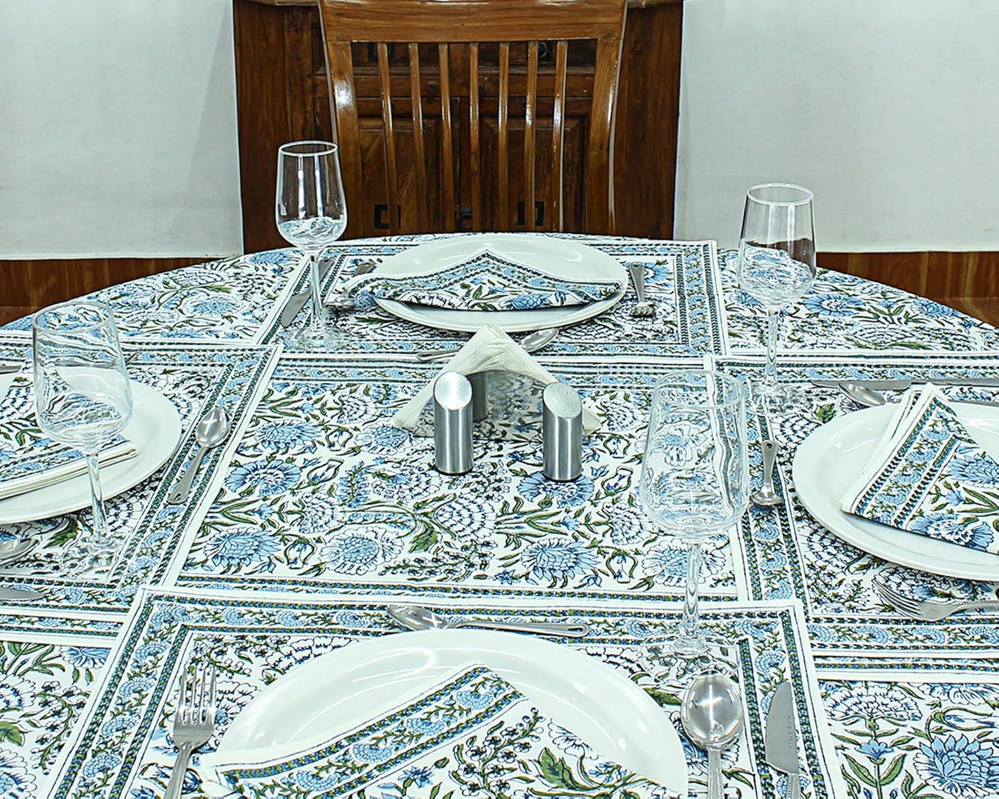 72 Inches Round Hand Block Printed Cotton Tablecloth, Blue Green Floral Table Cloths Washable, Indian Table Linen for Dinning Home Decor Autumn Outdoor Thanksgiving