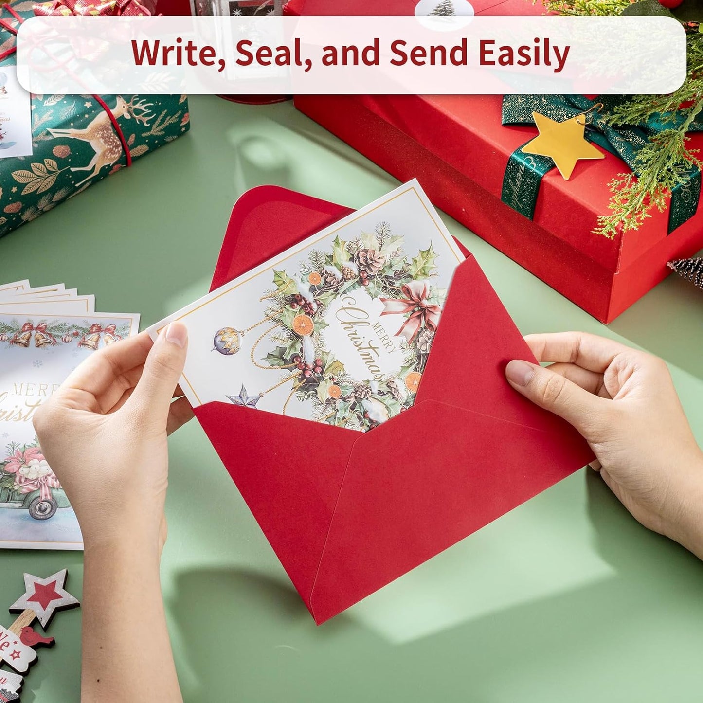 24 Pack Christmas Cards with Envelopes & Stickers, 5 x 7 Inch Holiday Cards Assorted Christmas Card in 6 Designs for Friends Family Coworkers (Watercolor Style)