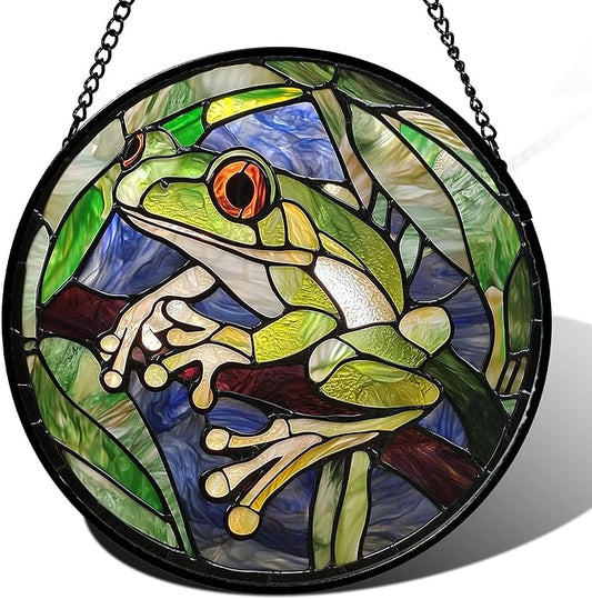 Stained Glass Window Hanging, Teal Frog Sun Catcher for Door Home Decor Green Suncatcher Christmas Mother's Day Birthday Gifts for Women Men Mom and Nana 15 in