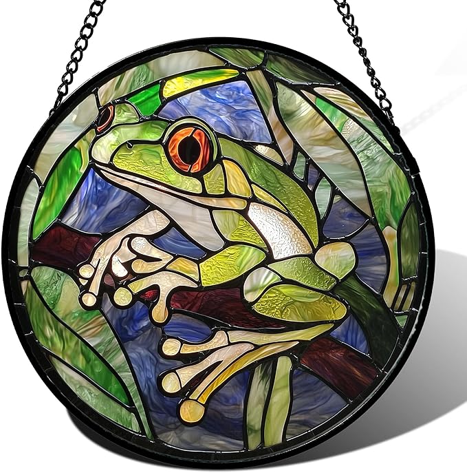 Stained Glass Window Hanging, Teal Frog Sun Catcher for Door Home Decor Green Suncatcher Christmas Mother's Day Birthday Gifts for Women Men Mom and Nana 11.8 in