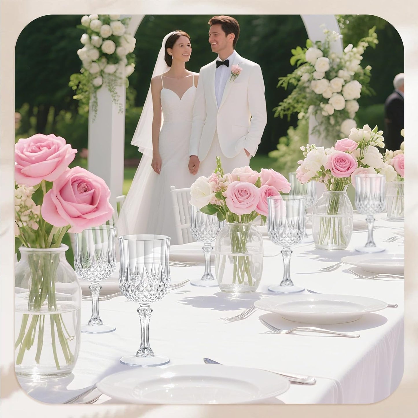 24PCS 7OZ Transparent Wine Plastic Glasses, Drinking Champagne Glasses Flutes Crystal Vintage Water Unbreakable Goblets for Wedding, Parties
