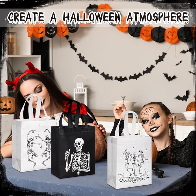 Wesnoy 24 Pcs Halloween Bags with Handle Reusable Skeleton Halloween Party Favors Black White Non Woven Candy Tote Bags Bulk Funny Hippie Dancing Skeleton