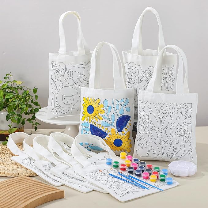 Aliceset 16 Pcs Color Your Own Bag Canvas Tote Bag for Painting 7.9'' x 8.6'' Mini Doodle DIY Craft Gift Reusable Cotton Bulk