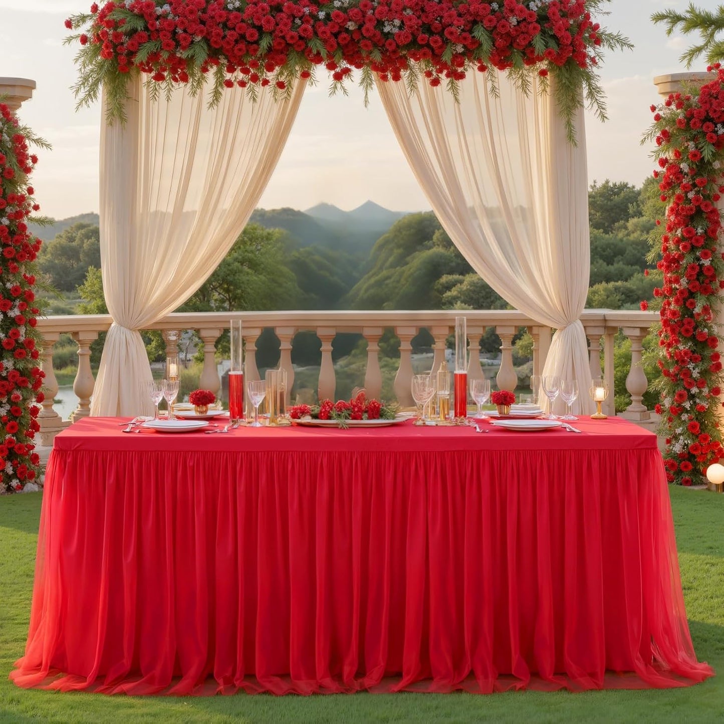 Suppromo 4 Pack 8ft Red Tulle Tablecloths for Rectangle Tables, 8 Foot Red Rectangular Table Cloth Wrinkle Free Tablecover with Tutu Skirt for Baby Shower Wedding Birthday Party Banquet Buffet Cake