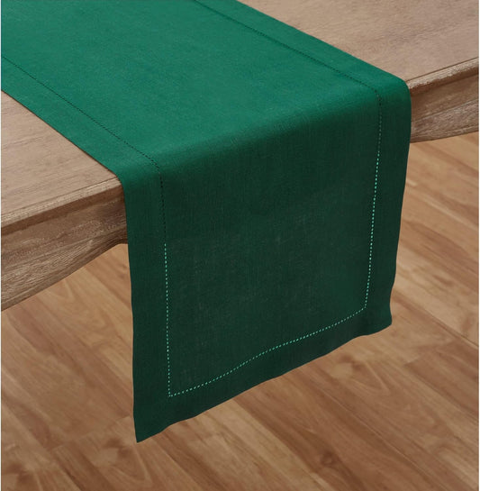 Solino Home Linen Rainforest Green Table Runner 144 Inches Long - 100% Pure Linen Extra Long Table Runner 14 x 144 Inch for Fall, Autumn, Thanksgiving - Classic Hemstitch