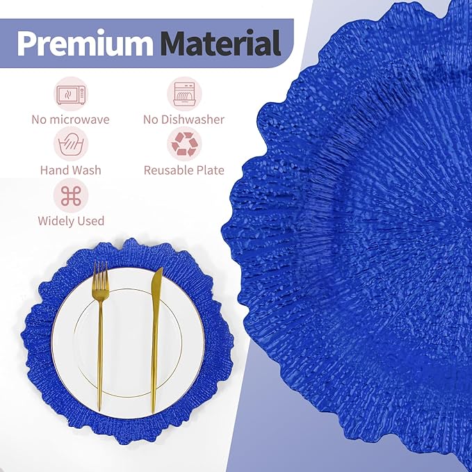 50 Pcs Royal Blue Charger Plates Bulk 13 Inch Plastic Charger Plates for Dinner Plate, Royal Blue Chargers for Table Setting, Reef Design Plate Floral Decorative Round Chargers for Wedding Party Event