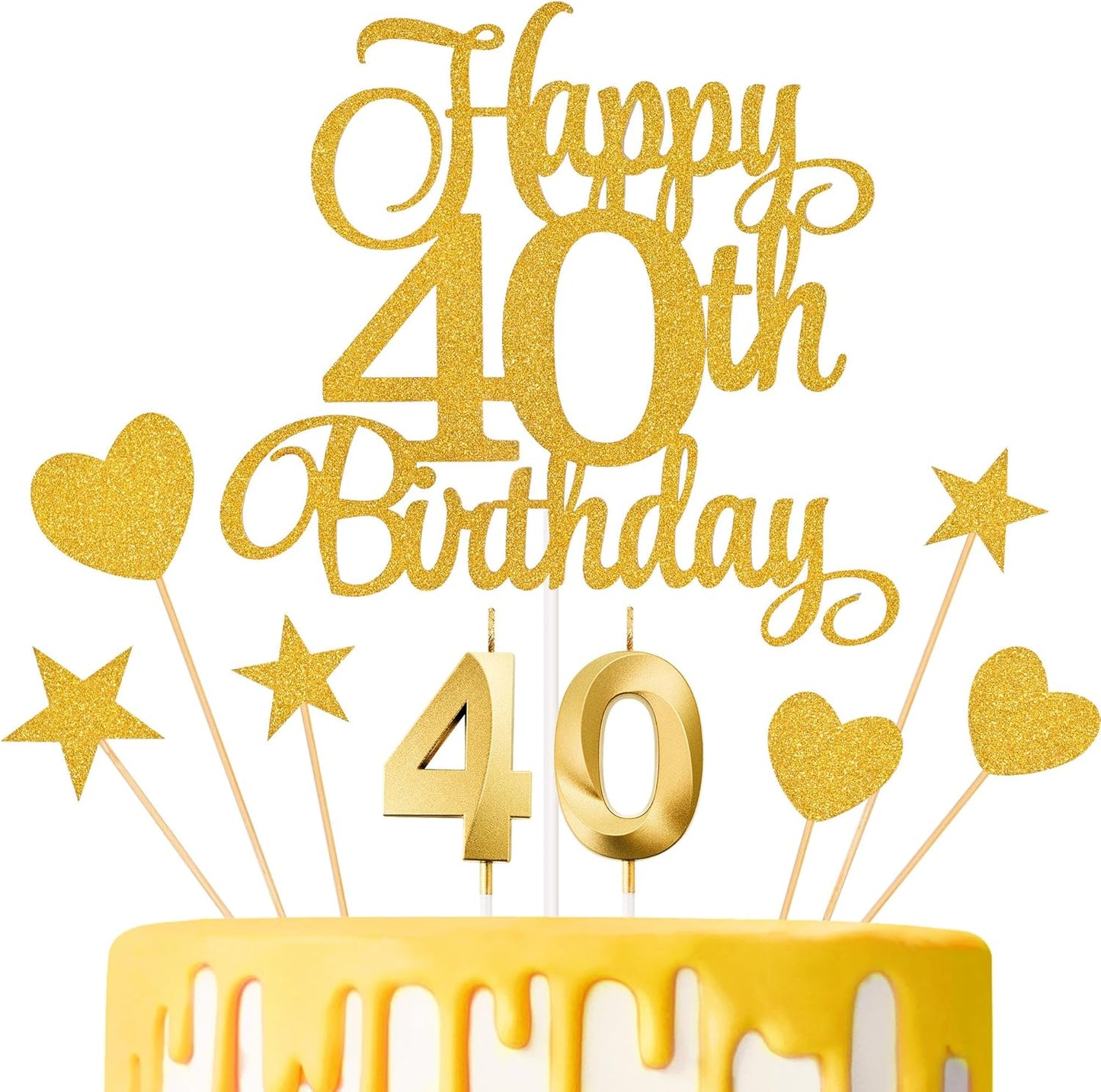 40th Birthday Cake Decorations, 40th Birthday Candles Cake Numeral Candles and Glitter Happy 40th Birthday Cake Toppers Set for Birthday Party Supplies (Gold)