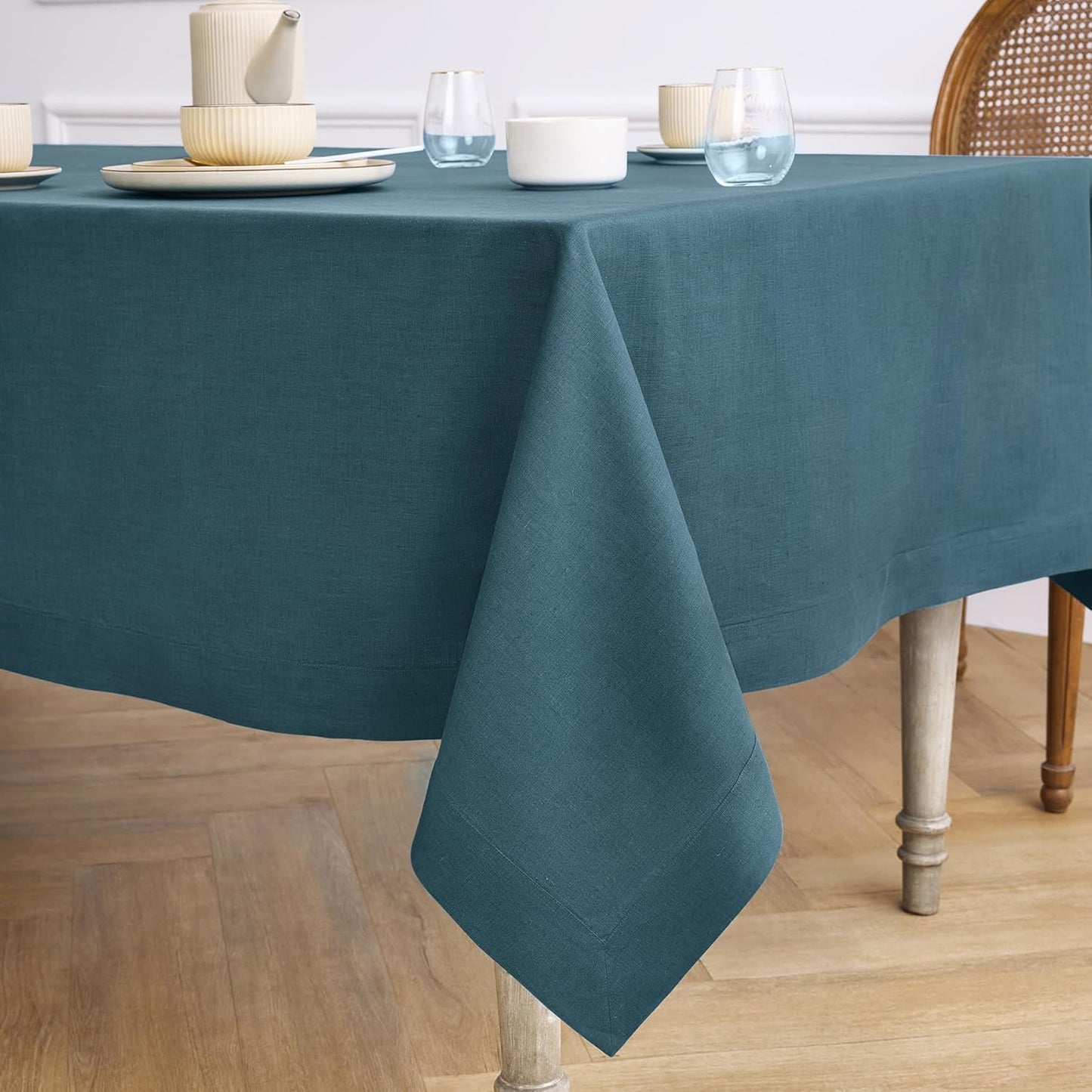 Solino Home Linen Tablecloth for Rectangle Tables 60 x 120 Inch - 100% Pure Linen Peacock Blue Table Cloth - Fete, Machine Washable Cloth Tablecloth
