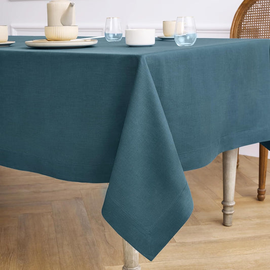 Solino Home Linen Tablecloth for Rectangle Tables 60 x 120 Inch - 100% Pure Linen Peacock Blue Table Cloth - Fete, Machine Washable Cloth Tablecloth