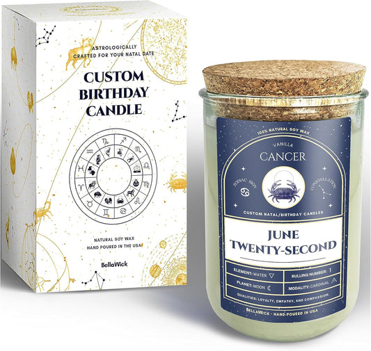 Birthday Candles - Custom Birthdate Astrological Zodiac Scented Candles. Astrology Gifts. All Natural Soy Wax. 75+ Hour Burn Time. Made in USA - June 22