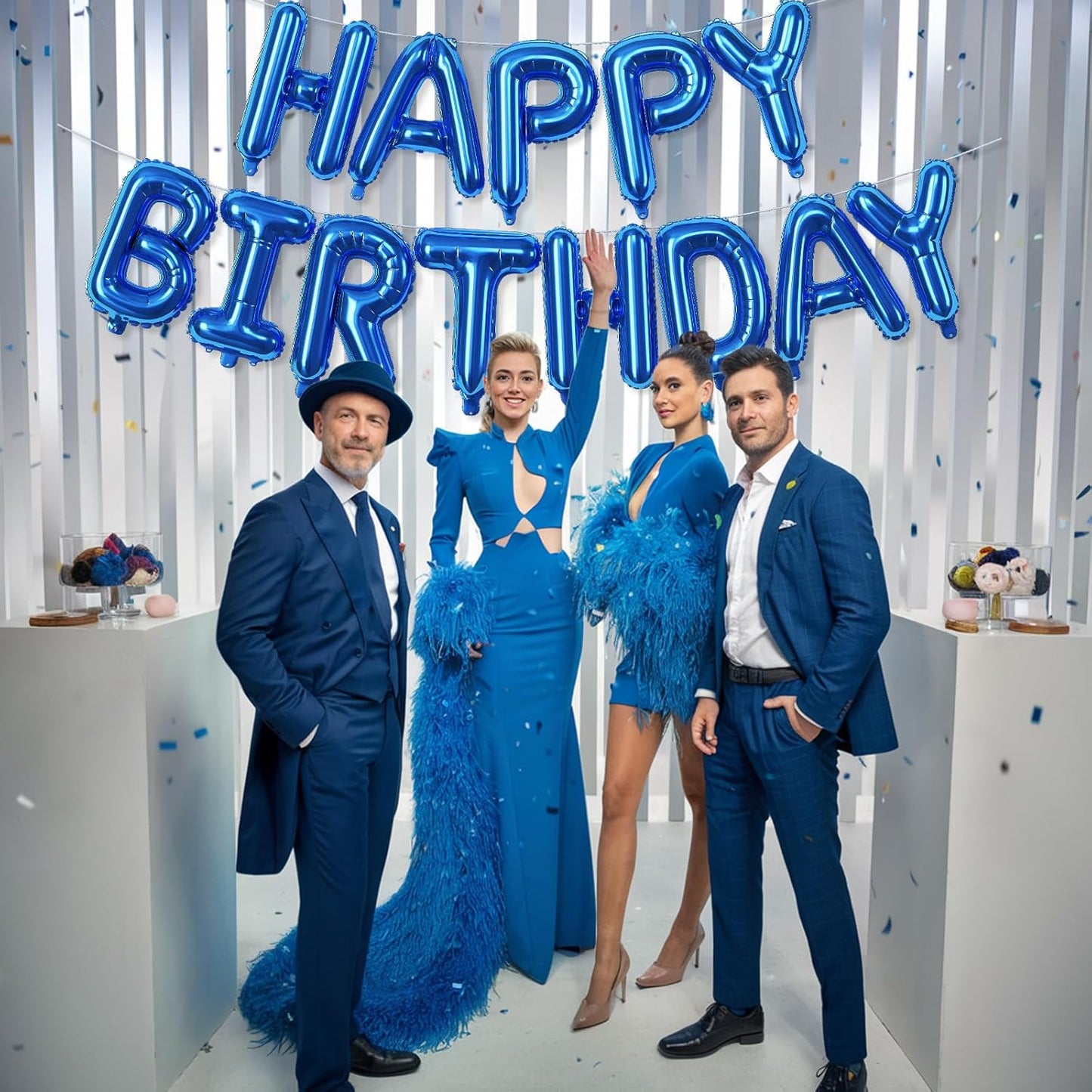 Happy Birthday Balloons Letters Banner, Blue Happy Birthday Bunting Balloon, 16 Inch Self Inflating Birthday Mylar Foil Balloons Banner with Ribbon for Boys Men Birthday Party Decorations Supplies