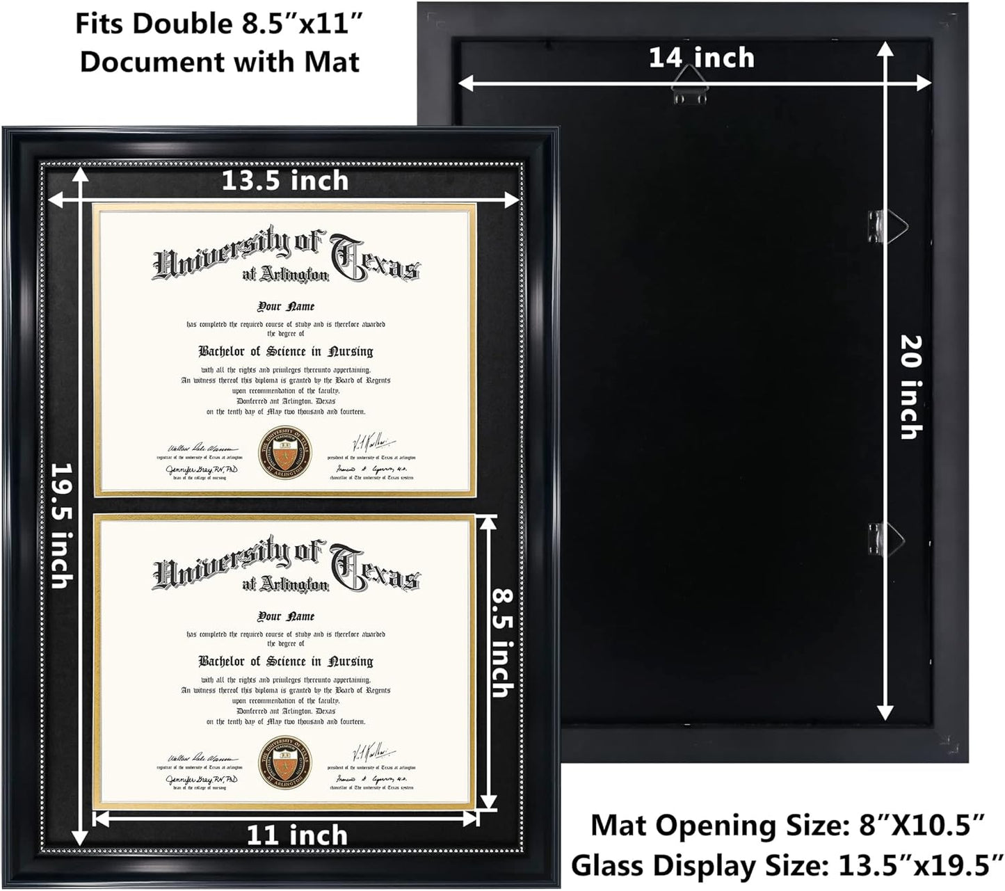 GraduationMall 14x20 Double Diploma Frame, Display 8.5x11 Certificate with Black over Gold Mat,UV Protection Acrylic,Black with Silver Beads