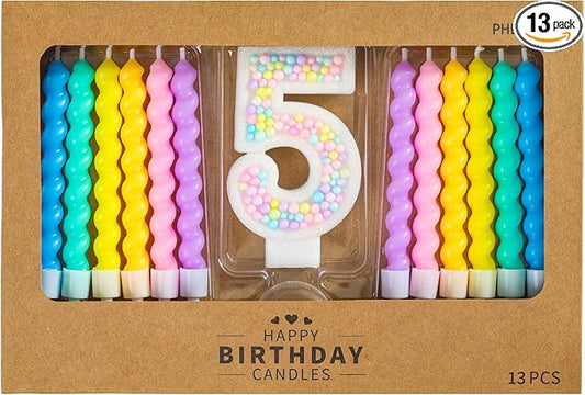 PHD CAKE Number 5 Birthday Candle Macaron Glitter Number Candle with Rainbow Spiral Candles in Holders for Cake Topper, Pastel Sweet Theme Party Decoration