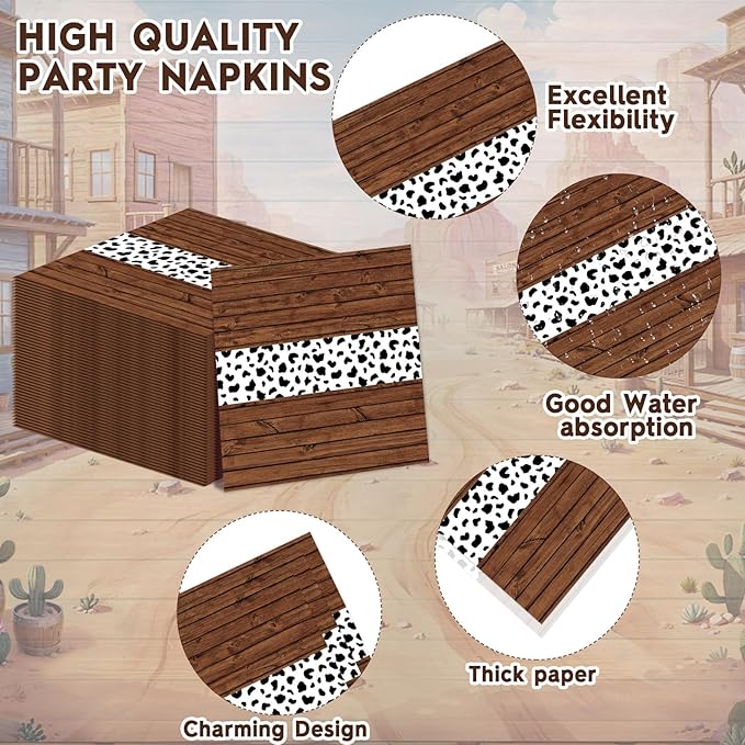 96Pcs Western Party Paper Plates and Napkins Cow Print Dessert Plates Cowboy Party Favors Supplies Tableware for Wild West First Rodeo Cowgirl Bachelorette Baby Shower Birthday Gatherings Decorations