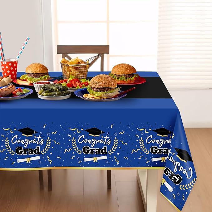 Childom 2 Pack Graduation Tablecloth,Graduation Decorations Class of 2026 Graduation Party Decorations,54"x108" Blue and Gold Plastic Table Cloth Disposable Rectangle for Home,School,Party Supplies