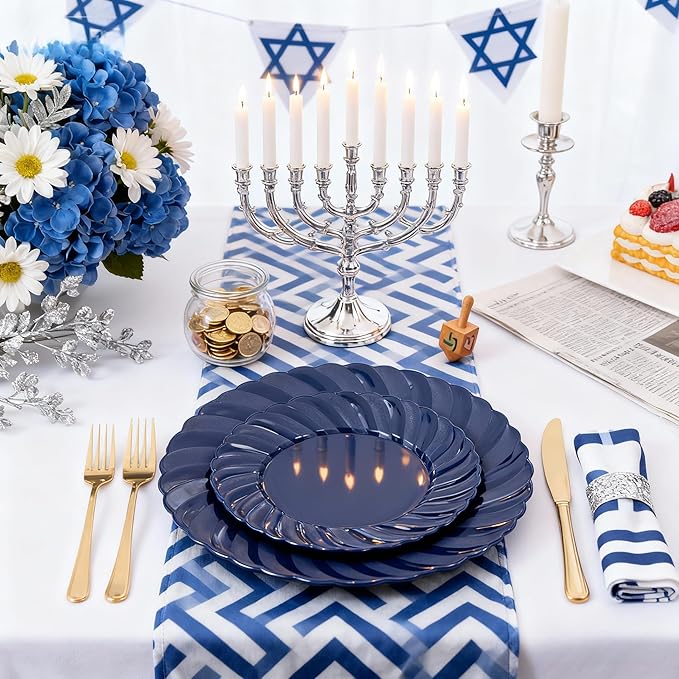 U-QE 100PCS Blue Disposable Plates - Heavy Duty Blue Plastic Hanukkah Plates for Hanukkah/Party/Wedding - Include 50PCS 9inch Dinner Plates and 50PCS 6.5inch Dessert/Salad Plates