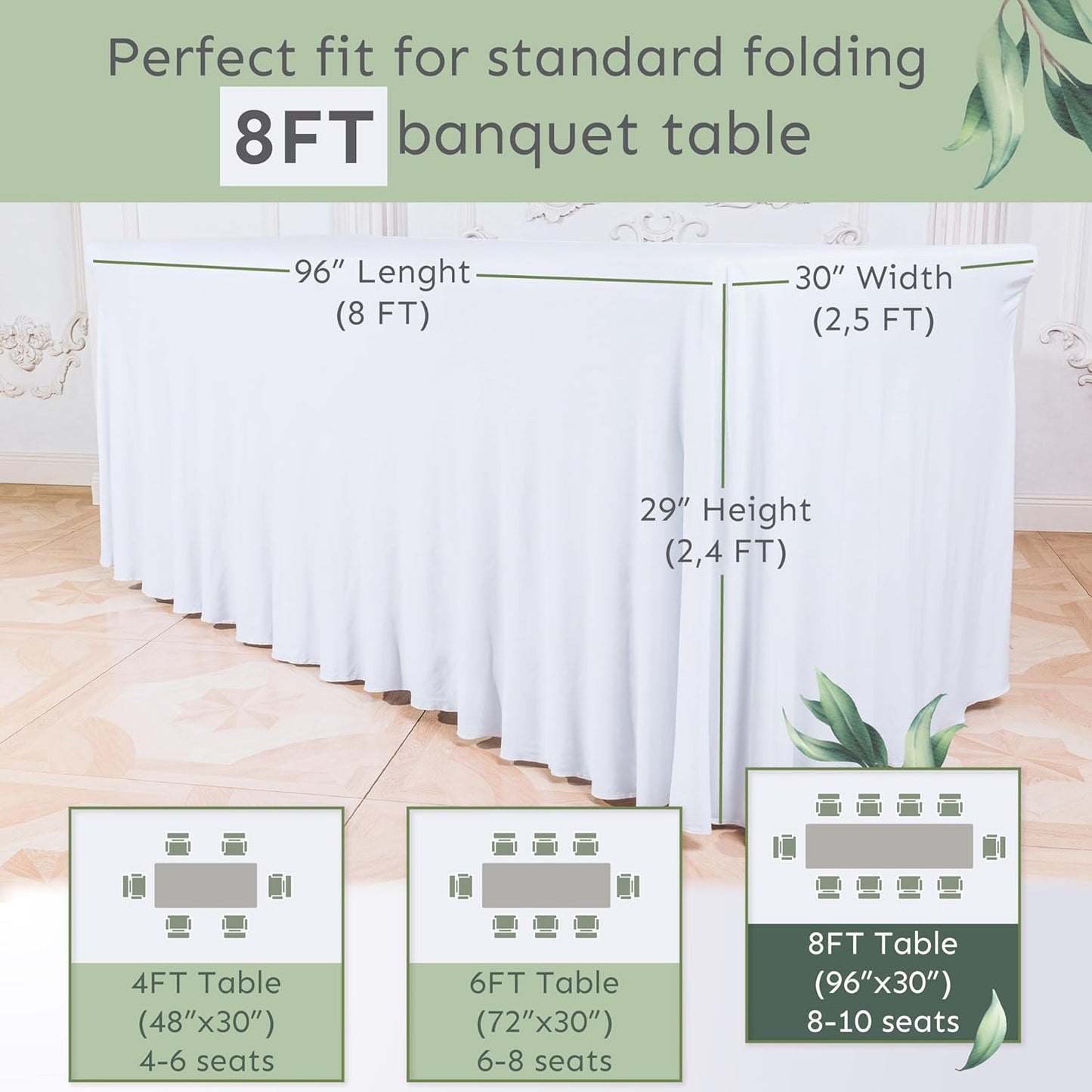 Destination 8ft Rectangular Table Skirt - White Wedding Spandex Table Cover - One Piece Fitted Stretchy Tablecloth - Wrinkle Resistant Ruffles - Great for Party, Banquet