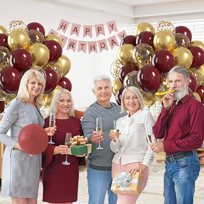 60pcs Burgundy and Gold Balloons 12inch, Maroon and Gold Balloons with Metallic Gold Confetti Balloons for Graduation Birthday Bridal Shower Party Decorations