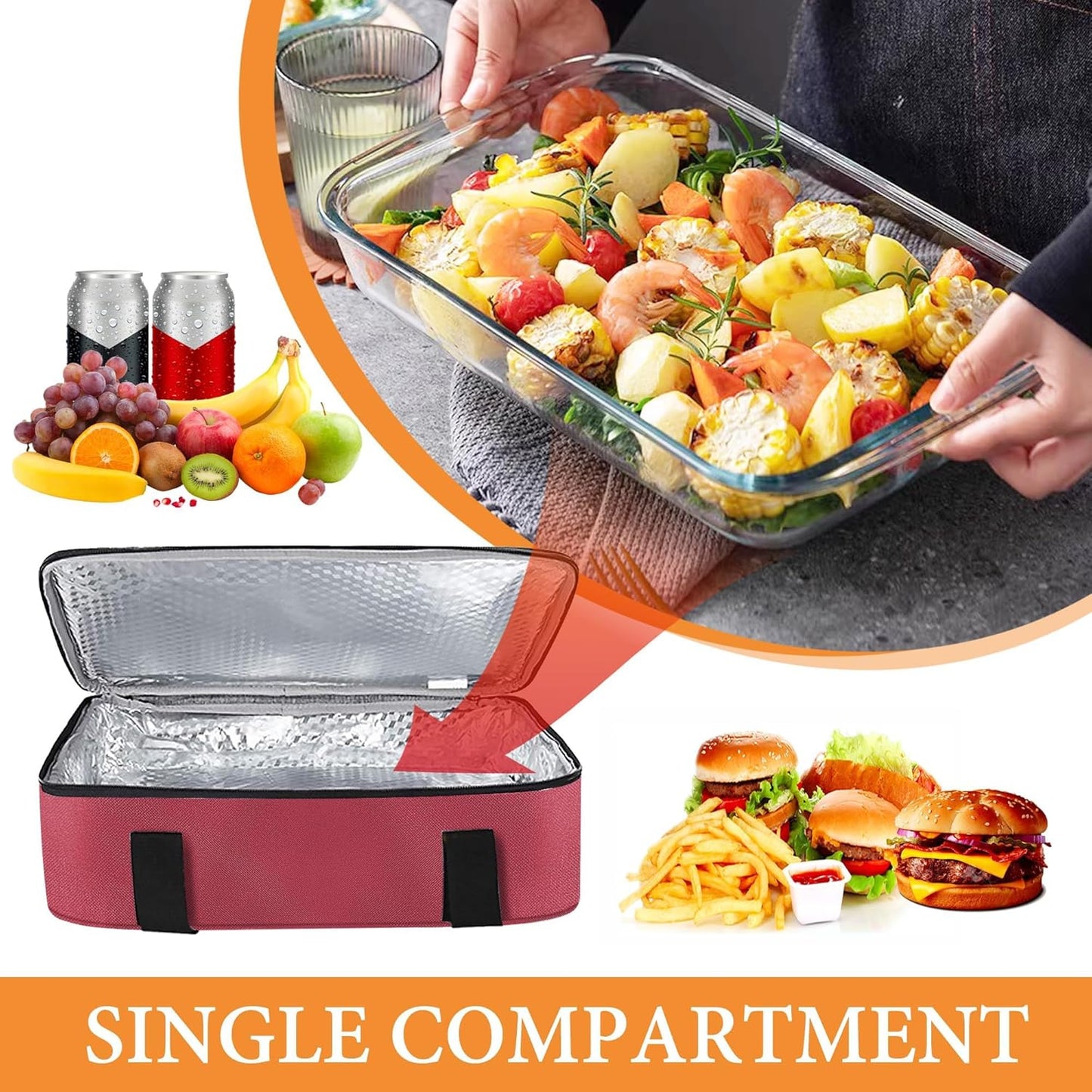 Burgundy Insulated Carrier for 9x13 Food, Perfect for Travel/Picnic/Party, Durable Nylon, Leak-Proof Single Layer