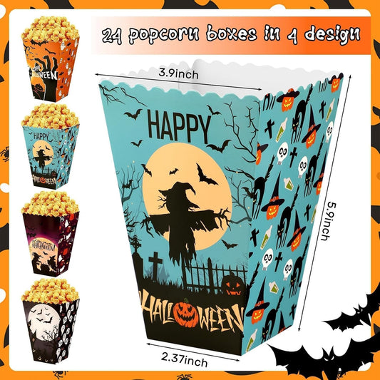 DECYOOL 24 Pcs Halloween Popcorn Boxes, Hocus Pocus Popcorn Boxes Pumpkin Bat Witch Trick Or Treating Popcorn Candy Cookie Treat Boxes for Halloween Theme Birthday Party (4 Styles)
