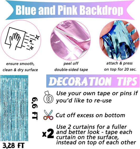 4 Pack 3.2Ft x 6.6Ft Pink Blue Fringe Curtain Backdrop, Metallic Tinsel Foil Fringe Streamers Curtains Background for Photo Booth Wedding Gender Reveal Backdrop Boy or Girl Birthday Party Decoration