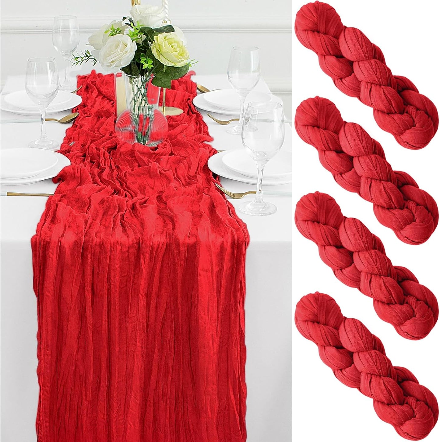4Pack Red Table Runner 10FT Cheesecloth Table Runner 35x120Inch Long Boho Cheese Cloth Table Runners Rustic Gauze Table Runners for Party Christmas Wedding Bridal Shower Baby Shower Decorations