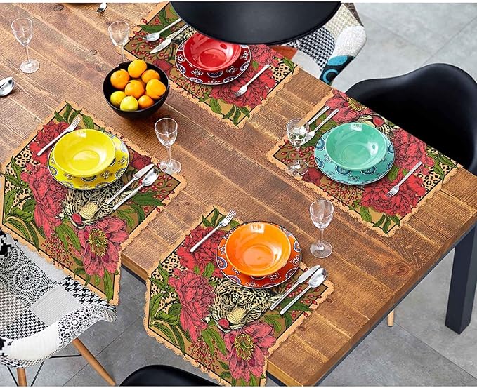 Yibeas Garden Peonies and Wild Leopard Cloth Napkins Set of 4 Vintage Red Floral and Leopard Art Pattern Polyester Kitchen Dinner Napkins for Holiday Festive Wedding Decor 18 x 18 inch