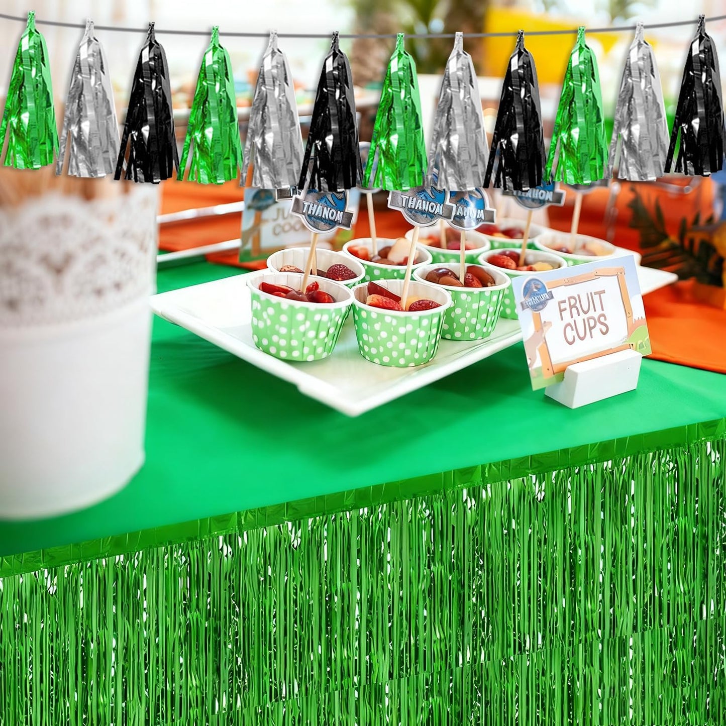 3P Black Silver Green Tassel Banner Garland Metallic Foil Fringe Banner Tinsel Tassels Streamer Banner Backdrop for Parade Floats, Graduation Decorations, Halloween, Christmas Decorations