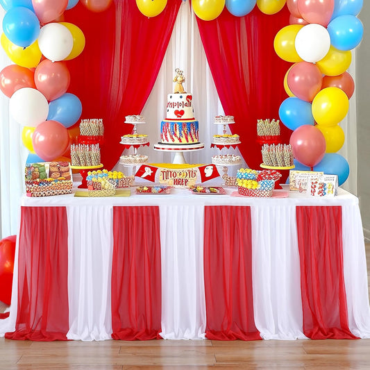 Reb and White Striped Table Skirt for Carnival Circus Party Decorations 6ft Red White Tulle Tutu Table Cloths for Birthday Party Baby Shower Table Decorations