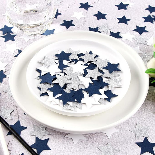 300pcs Navy Blue White Silver Confetti,Glitter Paper decor Twinkle Little Star Table Confetti,Birthday Graduation 2024 Fathers Day Wedding Baby Shower Party Decorations Circle Dots Lasting Surprise