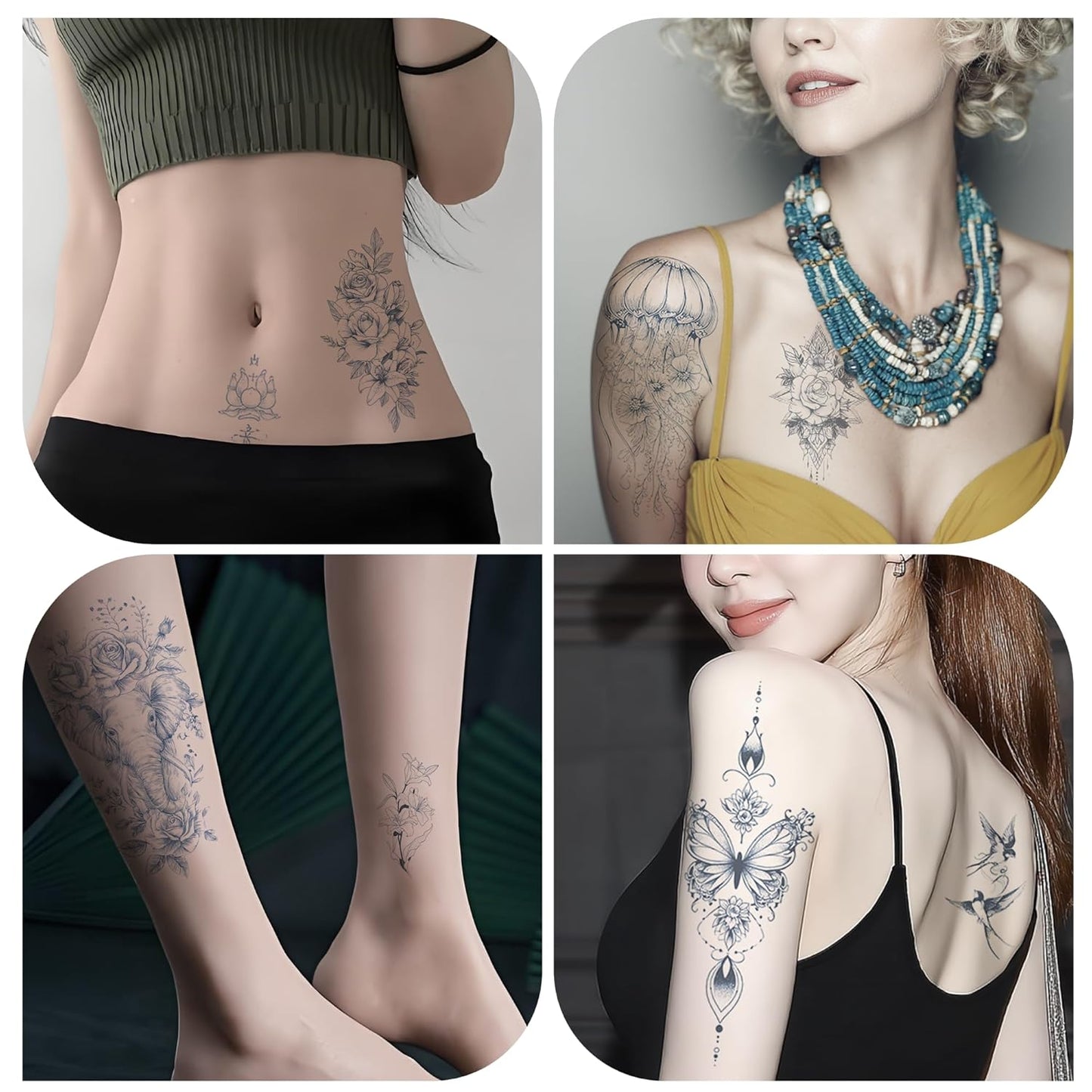 Women's Artistic Temporary Tattoos | Featuring Floral, Jellyfish, Elephant & Dragon-Head Patterns, Safe & Non-Toxic, Suitable for Daily Life, Parties & Travel (Sea Blue)