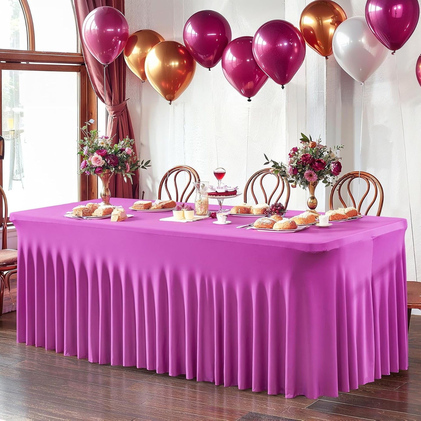PARTISKY Fuchsia Spandex Tablecloth for 4ft Rectangle Tables, Stretchable Table Cover Skirt for Folding Tables Weddings Parties Banquets Events Trade Shows and Dessert Table