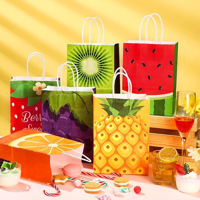 Outus 24 Pcs Summer Fruit Party Favors Bags Fruit Goodie Gift Paper Bag with Handles Tutti Frutti Strawberry Watermelon Candy Treat Tote Pouch for Summer Party Birthday Baby Shower Decoration Supplies