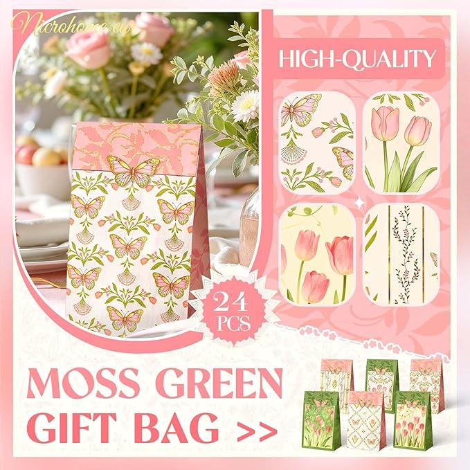 NICROHOME EUR Floral Gift Bags with Butterfly Stickers, 24 Pack Small Kraft Paper Bags Green Pink Tulip Design, Party Favors Bags Bulk for Girls Women Birthday Baby Shower Mother's Day Gift Packing
