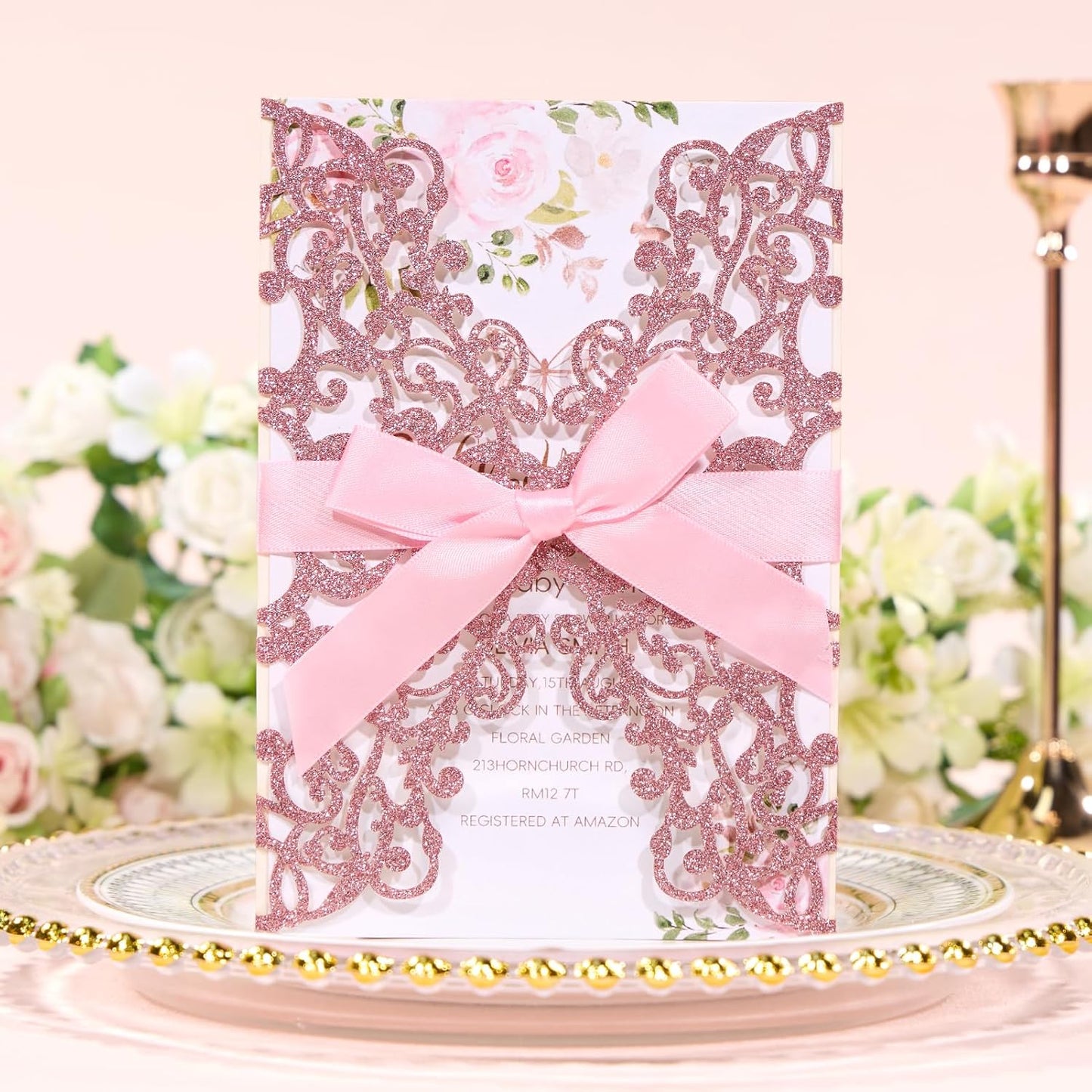 50Pcs Pink Glitter Laser Cut Wedding Invitations with Envelope and RSVP Blank Quinceanera Invitation Cards and Bow Ribbon for Bridal Baby Shower Engagement XV Anos Sweet 16 Birthday Invitation Girl