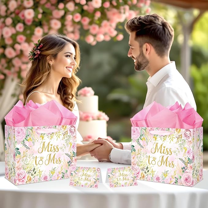 Yomaiha Floral Bridal Shower Gift Bag Wedding Miss to Mrs Gifts Bag with Tissue and Card Bridal Shower Gift Wrapping Paper Pink Flower Wedding Bride Engagement Bachelorette Party Supply Decorations