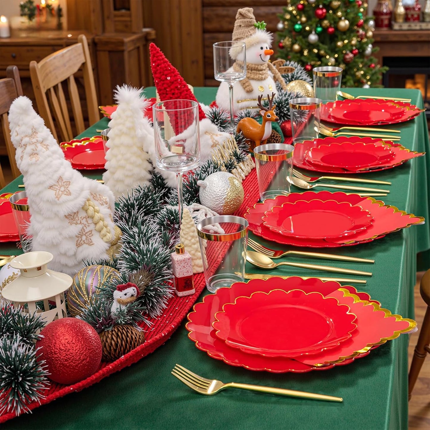 LIYH 210 Pcs Red Plastic Plates - Christmas Disposable Plates and Napkins Set, Gold Scalloped Plastic Plate Include Dinner & Dessert Plate, Silverware, Cups for Xmas Day 30 Guests