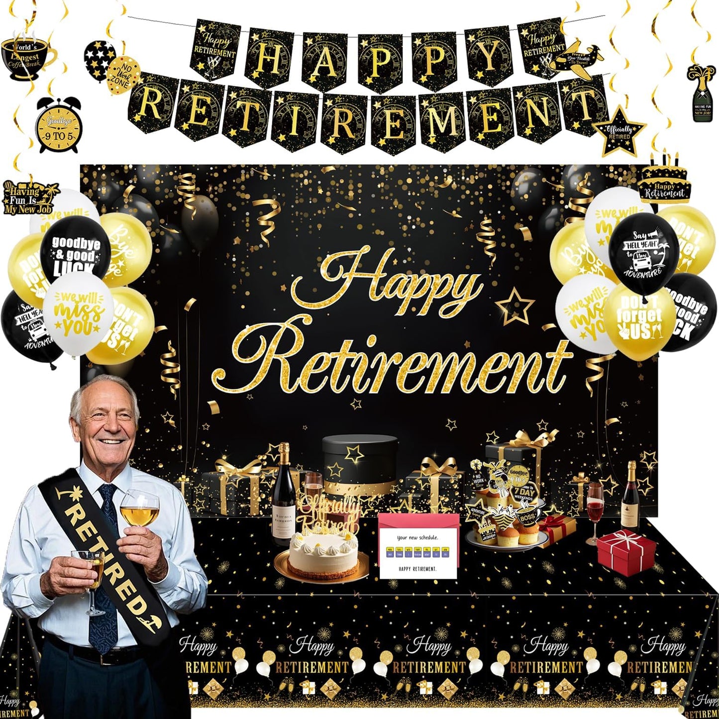 Happy Retirement Party Decorations for Men, Gold Banner, Star Coffee Pennant, Hanging Swirl, Latex Balloons, 70*43" Backdrops,108*54" Tablecloths, Cupcake Topper, Greeting Card, Retired Sash