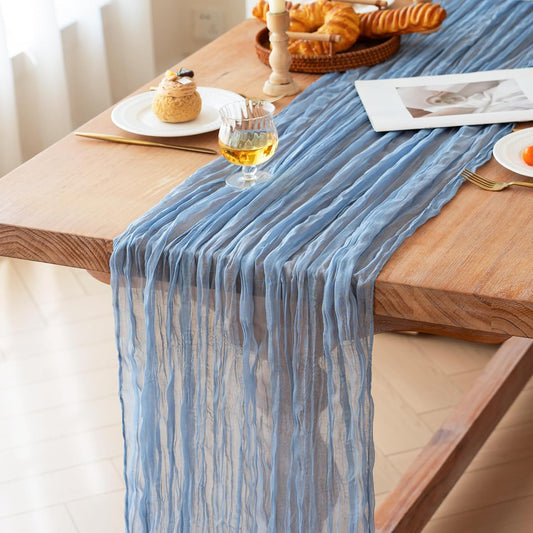 FEXIA 4 Pack Dusty Blue Table Runner 35x120 Inches for Baby Shower Decoration Gauze Rustic Table Runner for Wedding Party First Communion Centerpiece Engagement Bridal Shower Boho Decoration