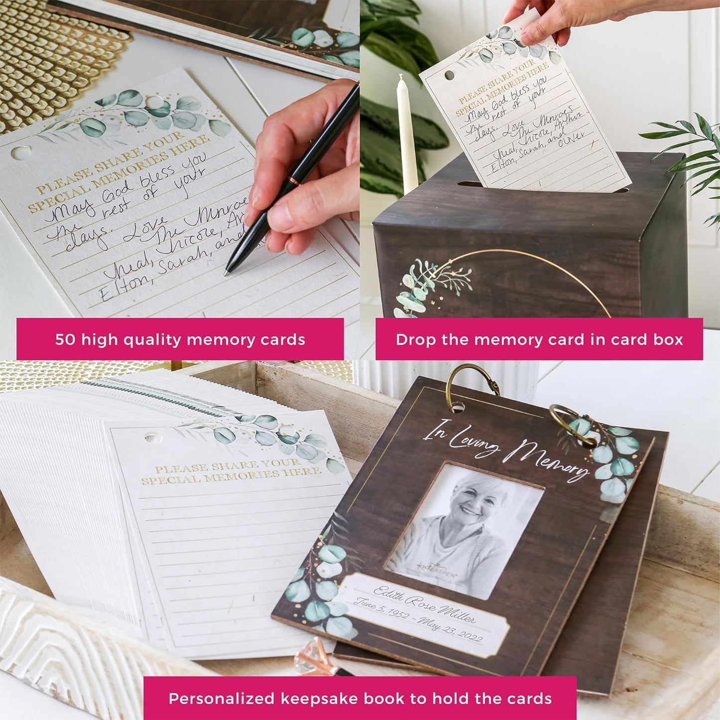 Kate Aspen Celebration of Life Memory Funeral Guest Book and Box for Memorial Service Bereavement Cards, Prayer Cards - Hard Cover Book, Box, 50 Memory Cards and Binder Rings