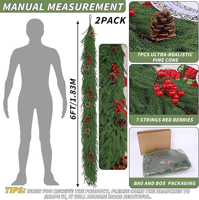 2 Pack 6FT Christmas Norfolk Pine Garlands with Pine Cone Real Touch Christmas Garland Artificial Greenery Garland for Fireplace, Table, Wall, Stairs, Outdoor Holiday Décor