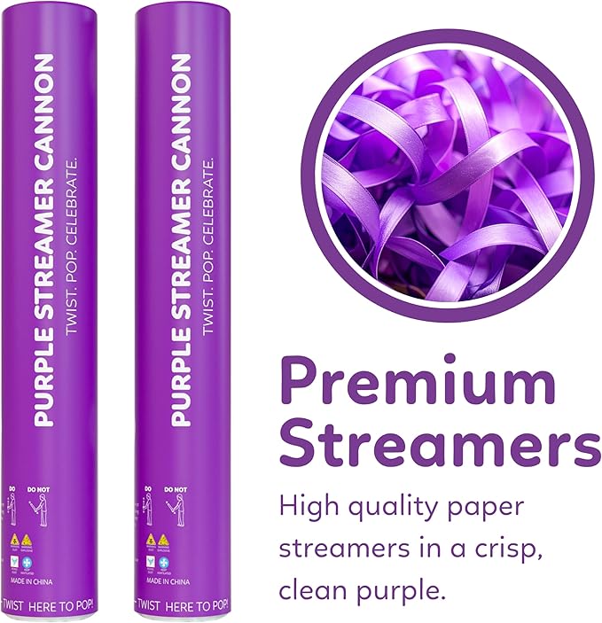 2 Pack Streamer Cannon Confetti Poppers | Biodegradable Purple Confetti | TUR Party Supplies | Launches Up to 25ft | Giant (12 in) | Party Poppers for Graduation, Birthdays, Weddings, and Celebrations